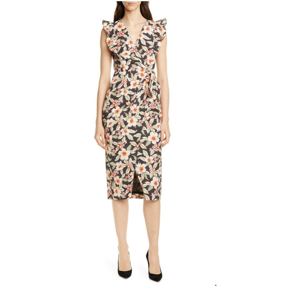 REBECCA TAYLOR Kamea Wrap Floral Midi 4 Ruffles Sleeveless Cotton Linen‎ Dress